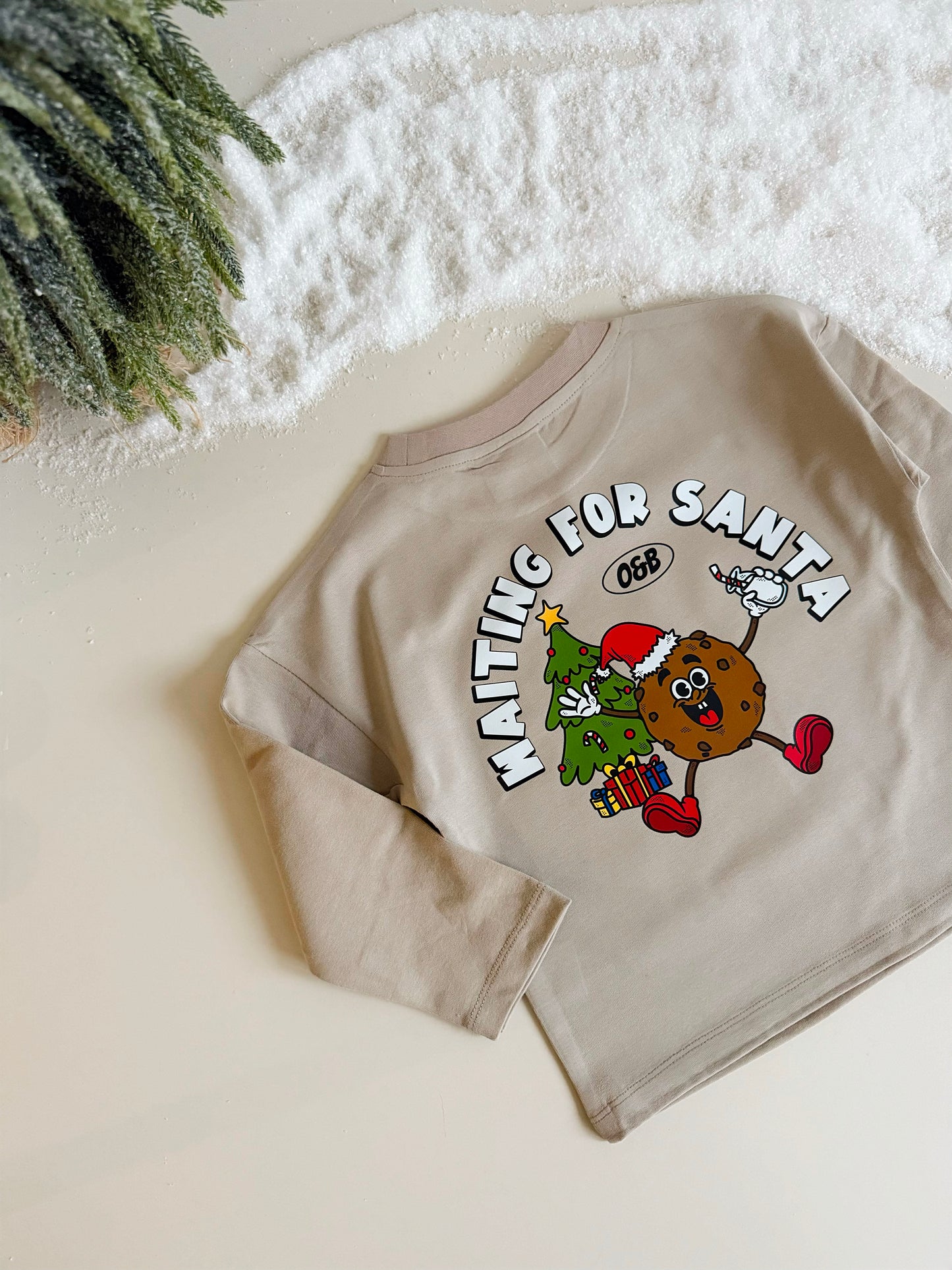 Waiting For Santa Long Sleeve 100% Cotton T-shirt in Pebble