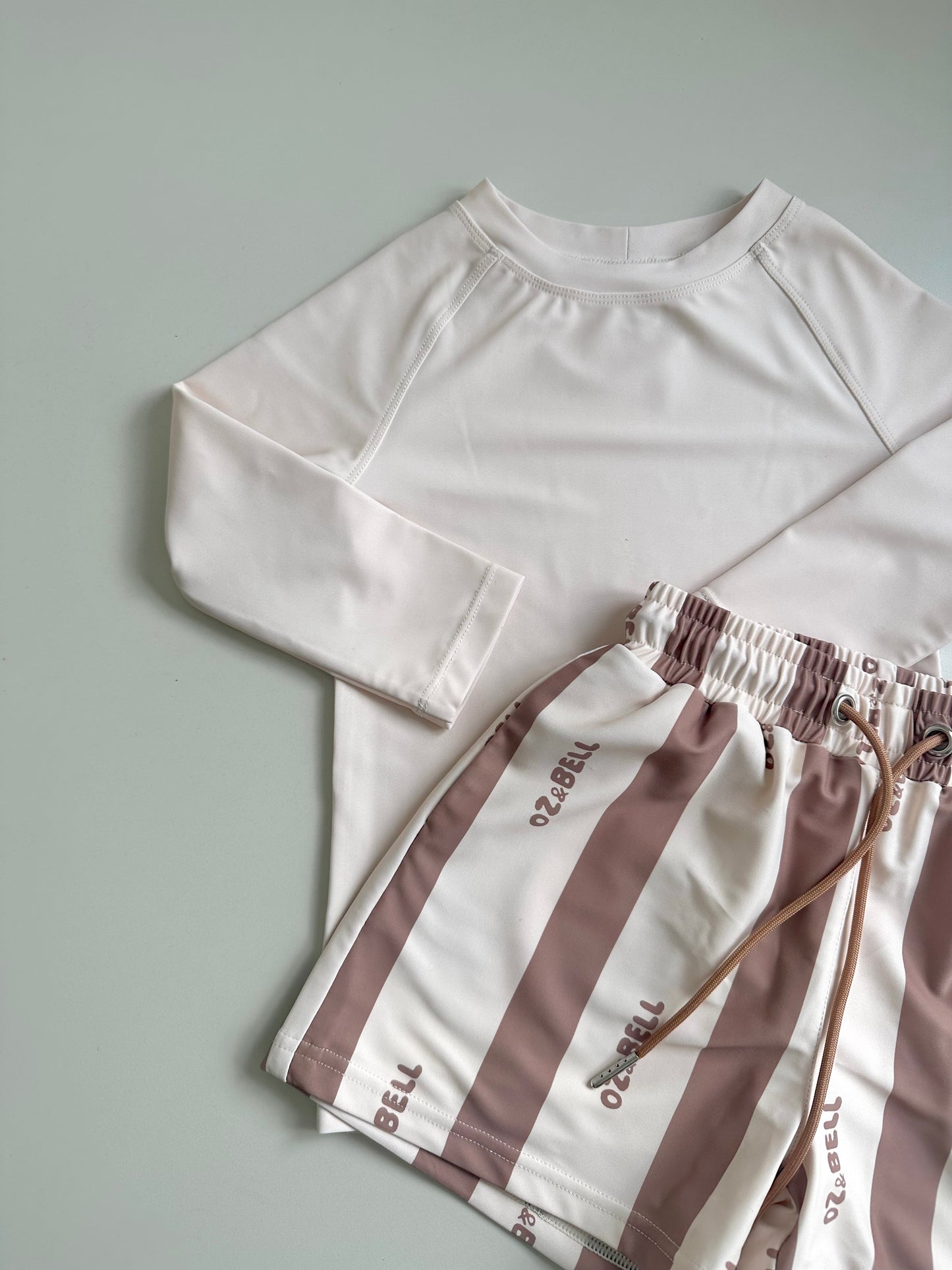 The Neutral Stripe Swim Set, UPF 50 Swim Shorts And Rash Vest