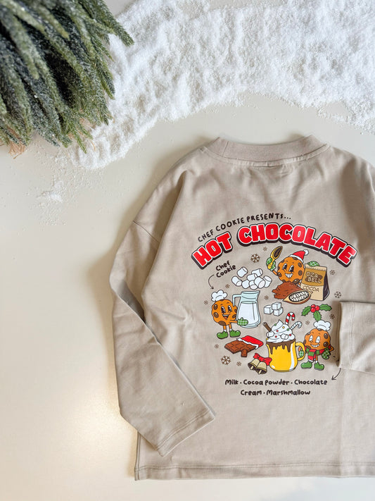 Chef Cookie: Hot Chocolate Long Sleeve T-shirt 100% Cotton in Pebble