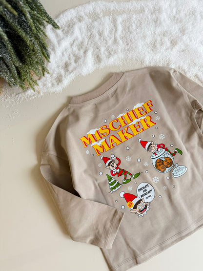 Mischief Maker Long Sleeve T-shirt 100% Cotton in Pebble