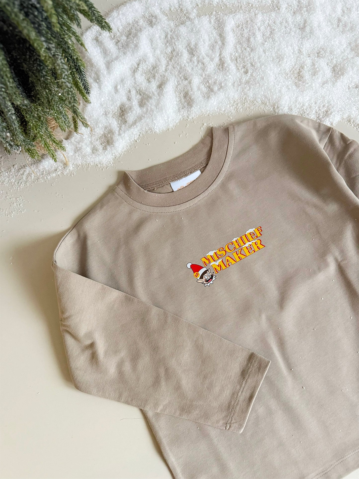 Mischief Maker Long Sleeve T-shirt 100% Cotton in Pebble